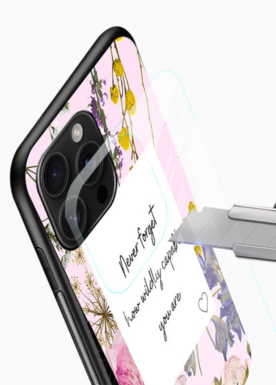 Floral-bordered motivational message printed on glossy vibrant premium glass back cover with soft tones. - Angle Blade