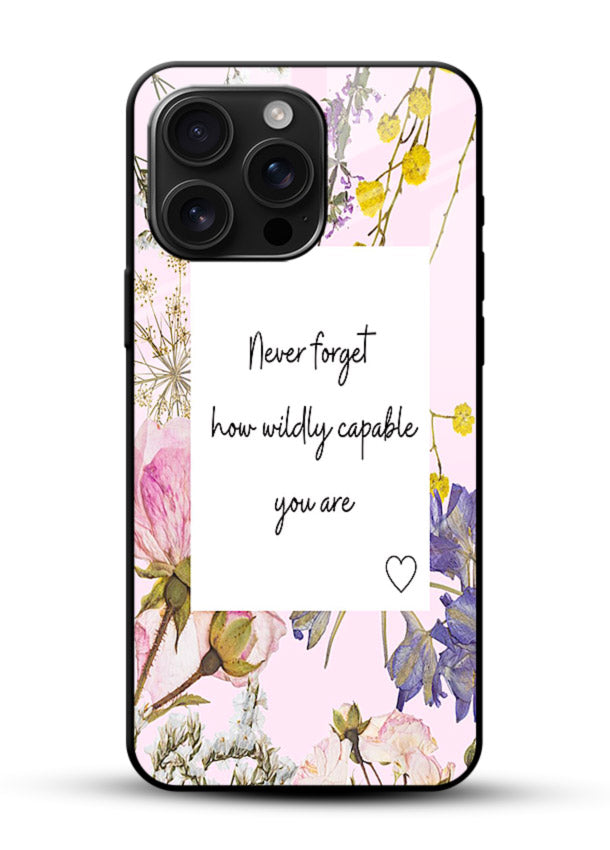 Floral-bordered motivational message printed on glossy vibrant premium glass back cover with soft tones. - Angle Front