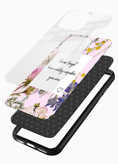 Floral-bordered motivational message printed on glossy vibrant premium glass back cover with soft tones. - Angle Layers