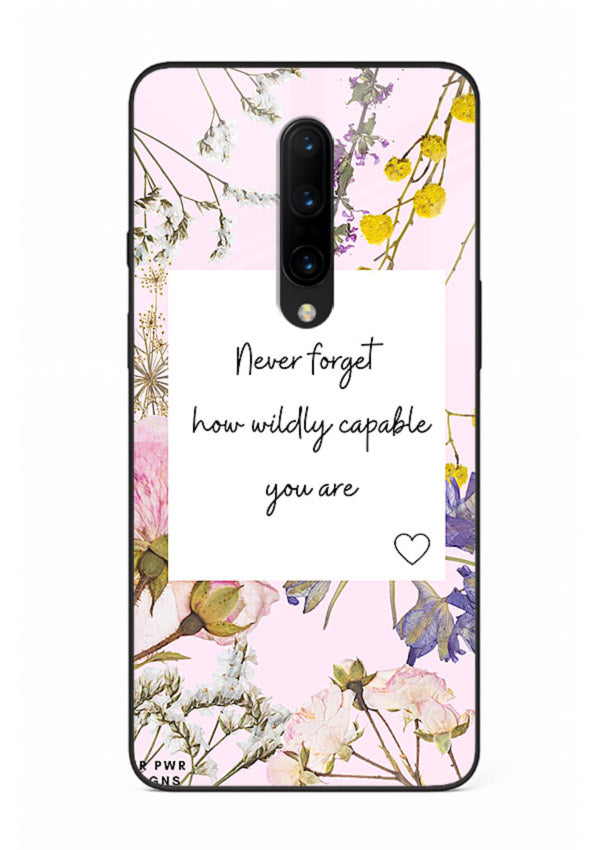 Floral-bordered motivational message printed on OnePlus 7 Pro glass back cover with soft tones.