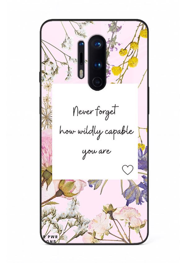 Floral-bordered motivational message printed on OnePlus 8 Pro glass back cover with soft tones.