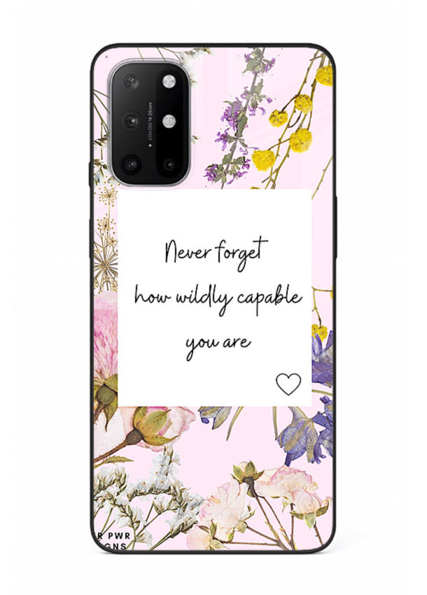 Floral-bordered motivational message printed on OnePlus 8T glass back cover with soft tones.
