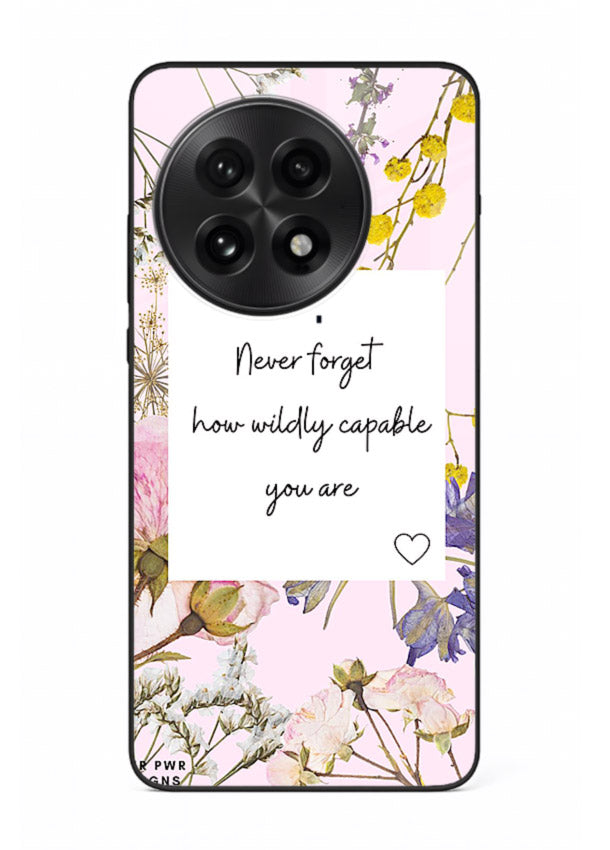 Floral-bordered motivational message printed on OnePlus 13R glass back cover with soft tones.