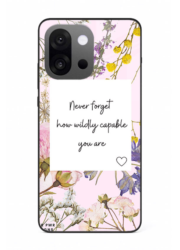 Floral-bordered motivational message printed on OnePlus 13s glass back cover with soft tones.