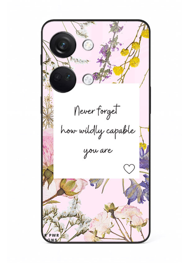 Floral-bordered motivational message printed on OnePlus Nord 3 glass back cover with soft tones.