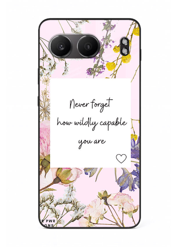 Floral-bordered motivational message printed on OnePlus Nord 4 glass back cover with soft tones.