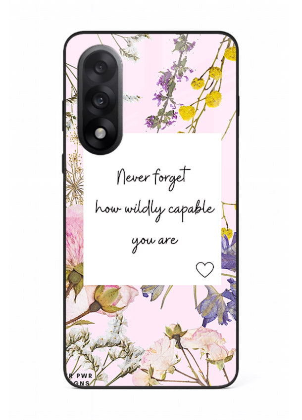 Floral-bordered motivational message printed on OnePlus Nord 5 glass back cover with soft tones.