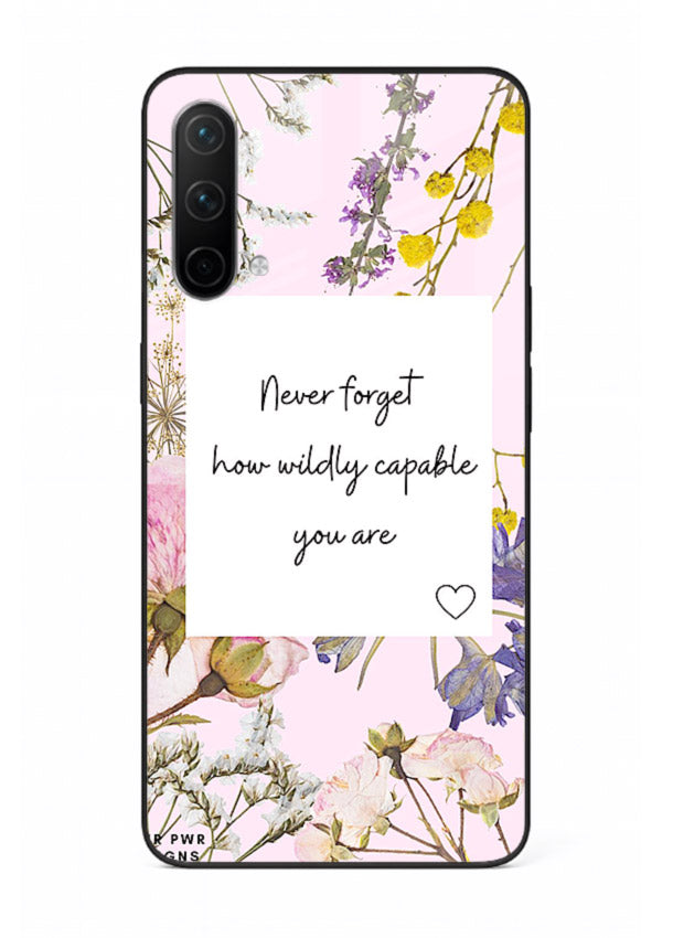 Floral-bordered motivational message printed on OnePlus Nord CE 5G glass back cover with soft tones.