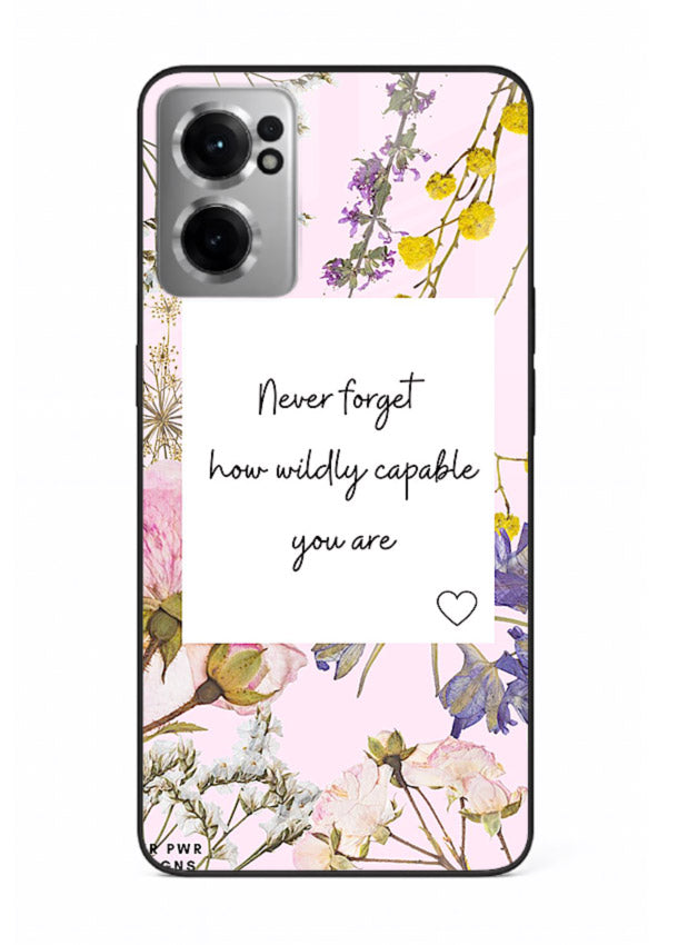 Floral-bordered motivational message printed on OnePlus Nord CE2 5G glass back cover with soft tones.