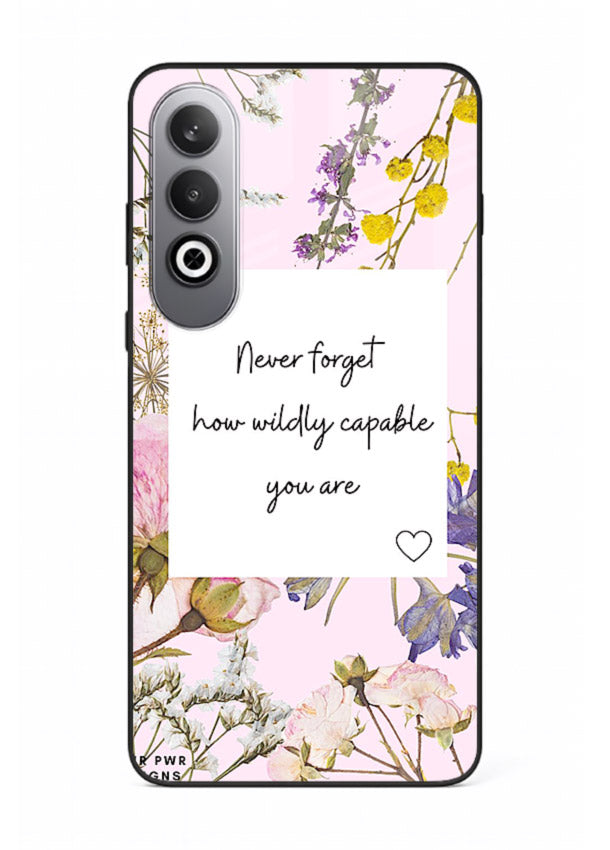Floral-bordered motivational message printed on OnePlus Nord CE4 glass back cover with soft tones.