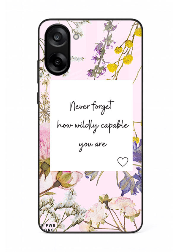Floral-bordered motivational message printed on OnePlus Nord CE5 glass back cover with soft tones.