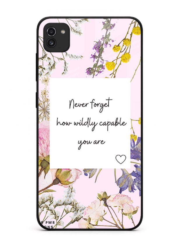 Floral-bordered motivational message printed on Samsung A03 glass back cover with soft tones.