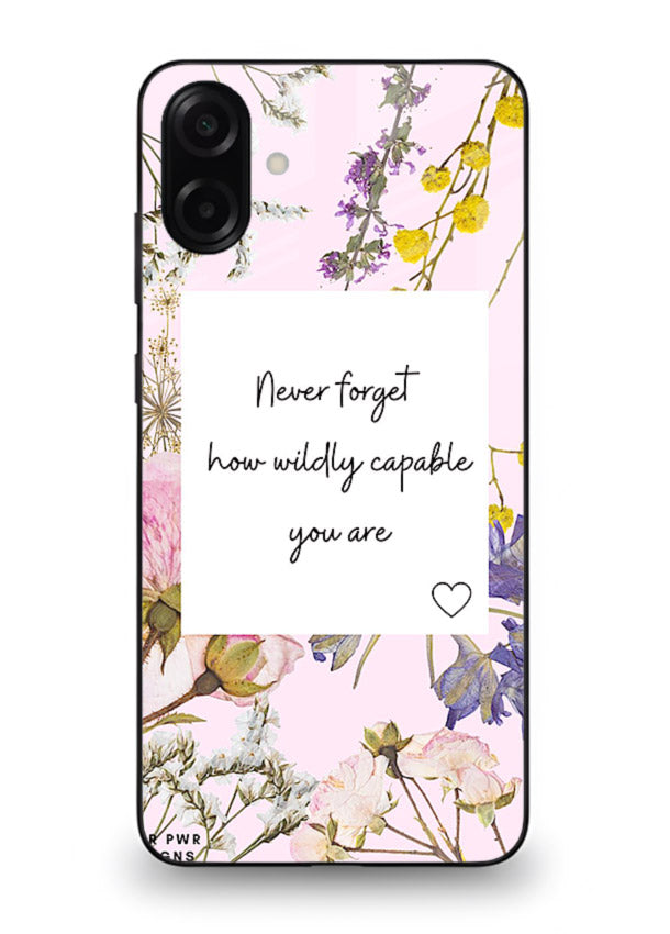 Floral-bordered motivational message printed on Samsung M13 5G glass back cover with soft tones.