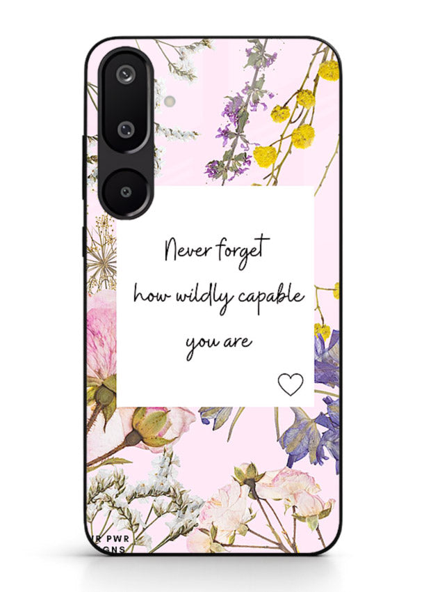 Floral-bordered motivational message printed on Samsung M16 5G glass back cover with soft tones.
