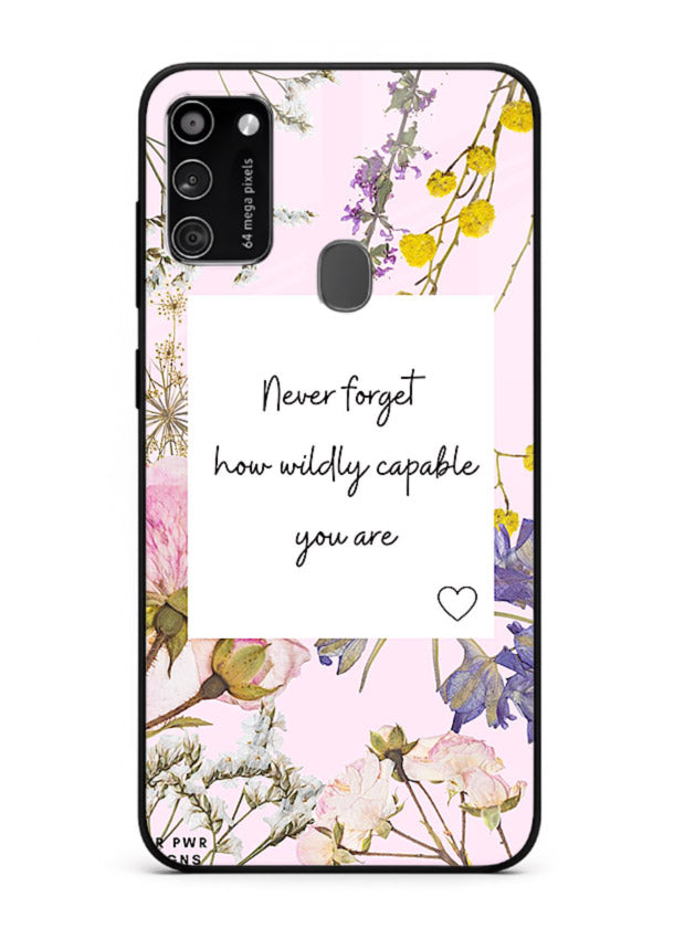 Floral-bordered motivational message printed on Samsung M21 glass back cover with soft tones.