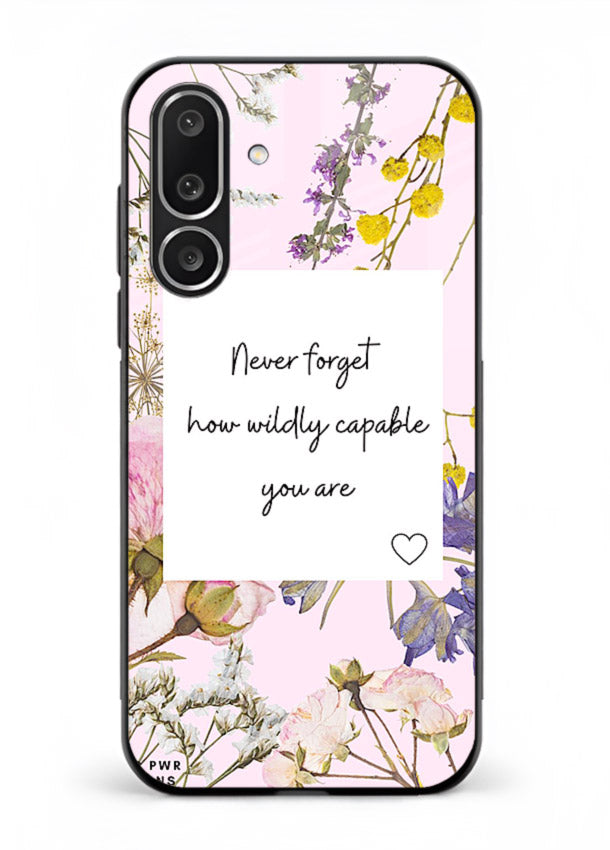 Floral-bordered motivational message printed on Samsung M56 5G glass back cover with soft tones.