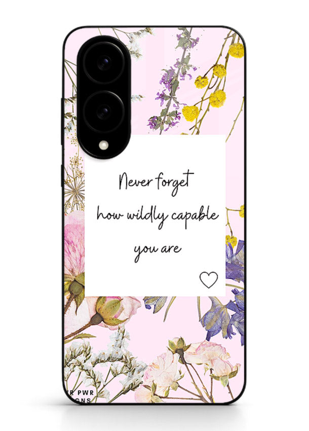 Floral-bordered motivational message printed on Samsung S25 Edge glass back cover with soft tones.