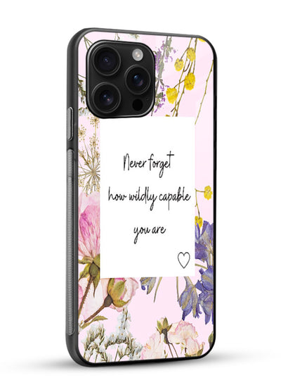 Floral-bordered motivational message printed on glossy vibrant premium glass back cover with soft tones. - Angle Side