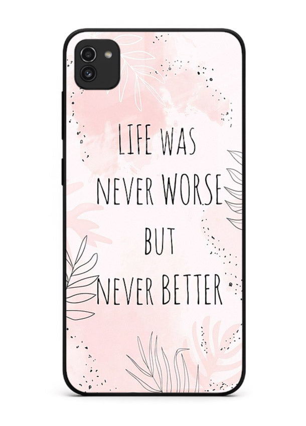 Healing pink quote artwork printed on Samsung A03 glass back cover with comforting tones.