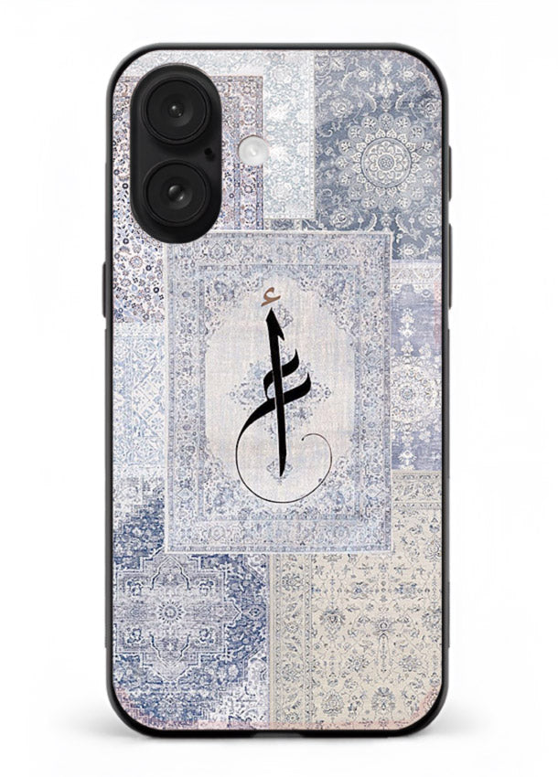 Blue minimal calligraphy artwork printed on premium tempered glass iPhone 16 back cover