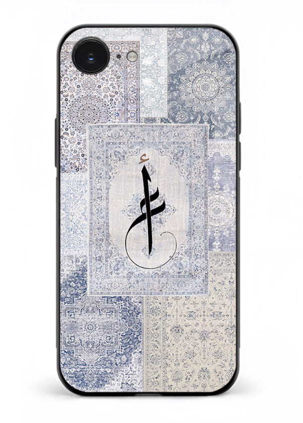 Blue minimal calligraphy artwork printed on premium tempered glass iPhone 16E back cover