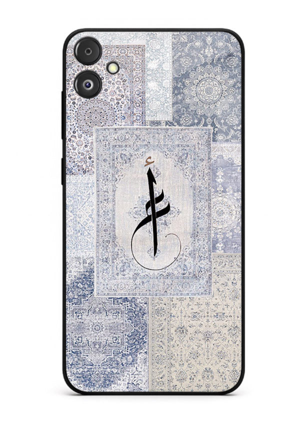 Blue minimal calligraphy artwork printed on premium tempered glass Samsung F05 5G back cover