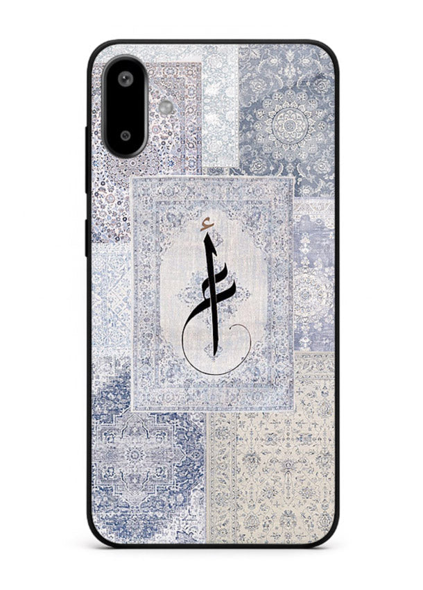 Blue minimal calligraphy artwork printed on premium tempered glass Samsung F06 5G back cover