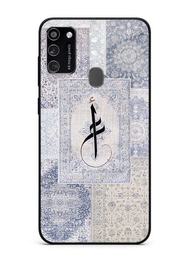Blue minimal calligraphy artwork printed on premium tempered glass Samsung M30s back cover