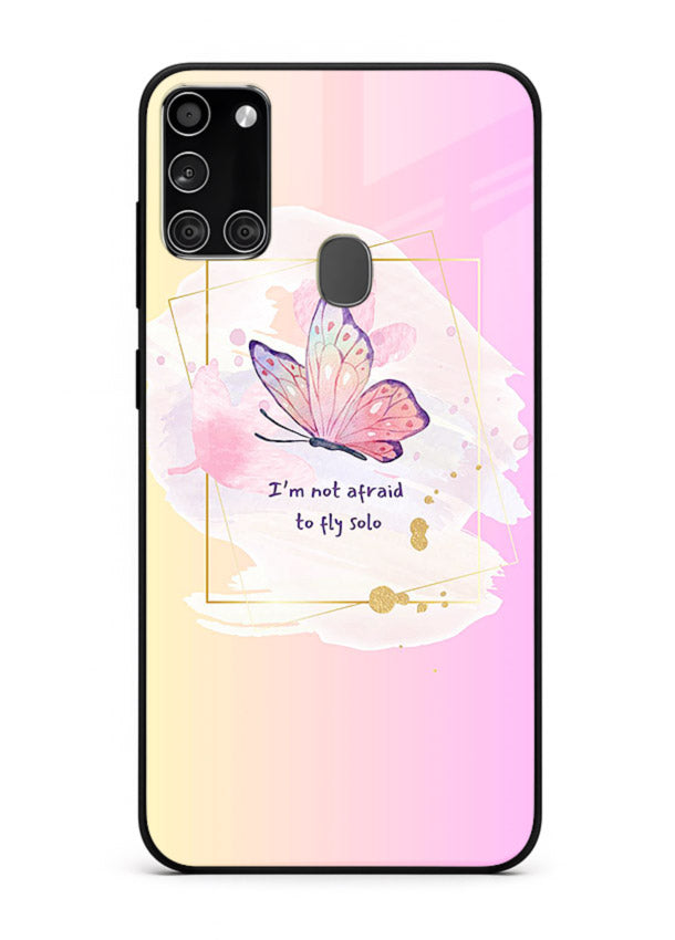Pastel wing artwork printed on Samsung A21s glass back cover with dreamy gradients.