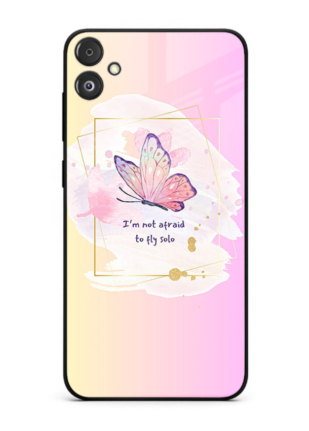 Pastel wing artwork printed on Samsung F05 5G glass back cover with dreamy gradients.