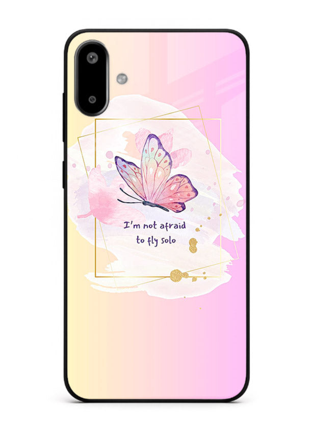 Pastel wing artwork printed on Samsung F06 5G glass back cover with dreamy gradients.