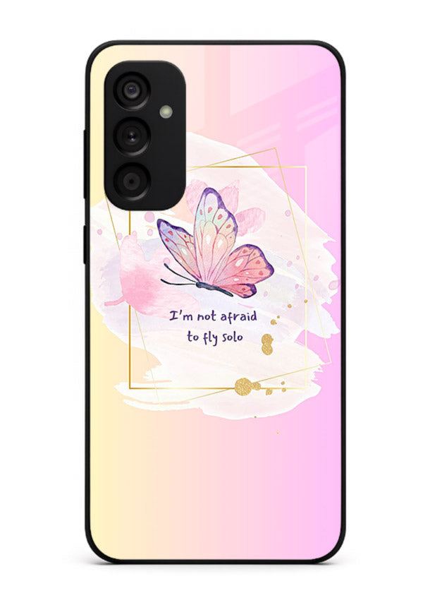 Pastel wing artwork printed on Samsung M14 5G glass back cover with dreamy gradients.