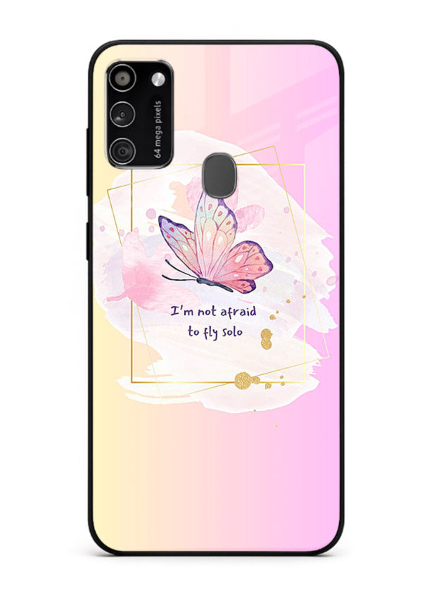 Pastel wing artwork printed on Samsung M21 glass back cover with dreamy gradients.