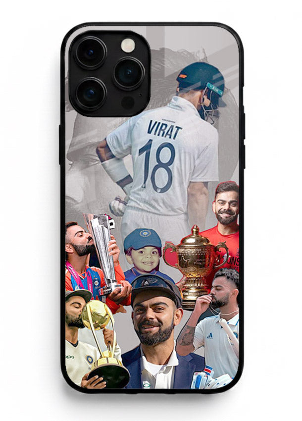 Number eighteen cricket collage artwork printed on tempered glass iPhone 16 Pro Max back cover