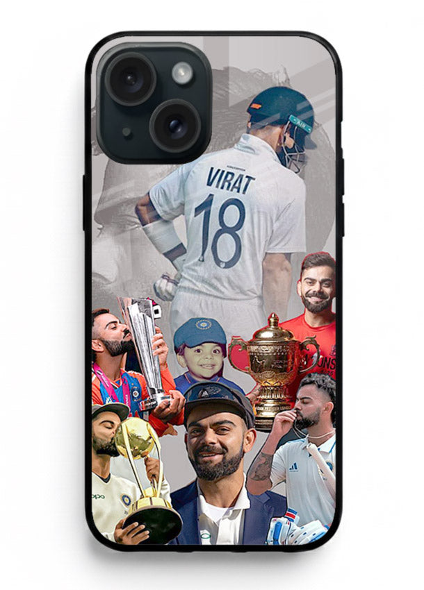 Number eighteen cricket collage artwork printed on tempered glass iPhone 15 Plus back cover