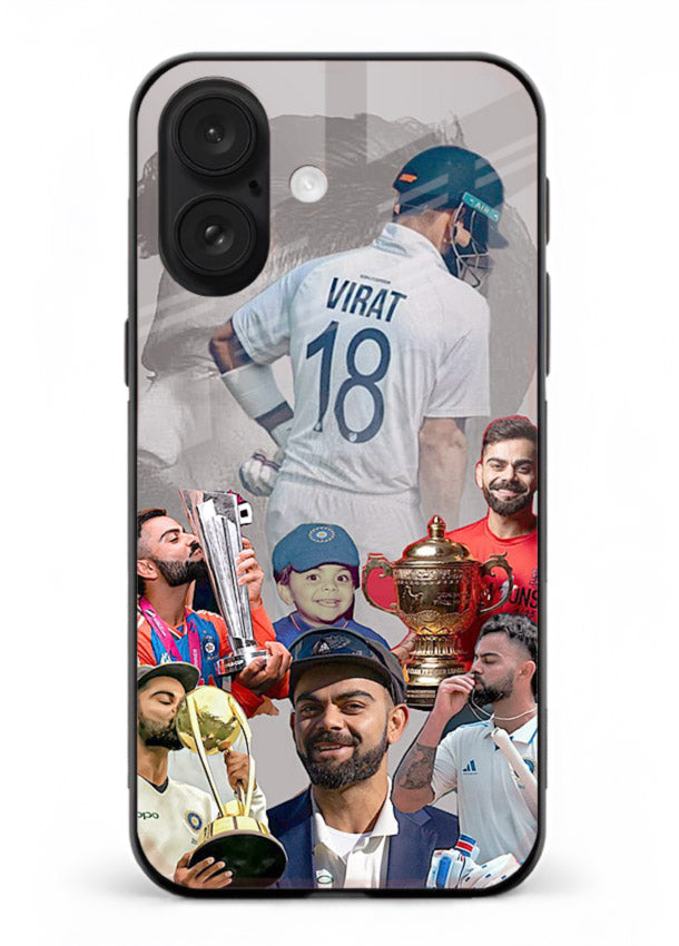 Number eighteen cricket collage artwork printed on tempered glass iPhone 16 back cover