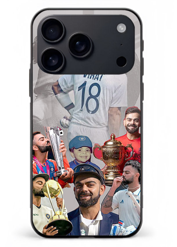 Number eighteen cricket collage artwork printed on tempered glass iPhone 18 Pro Max back cover