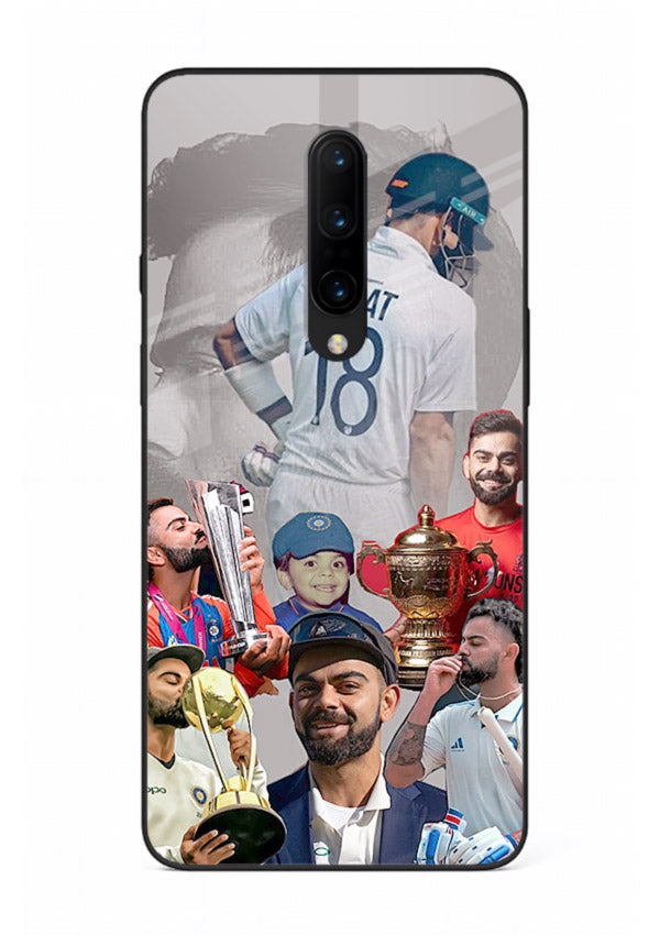Number eighteen cricket collage artwork printed on tempered glass OnePlus 7 Pro back cover