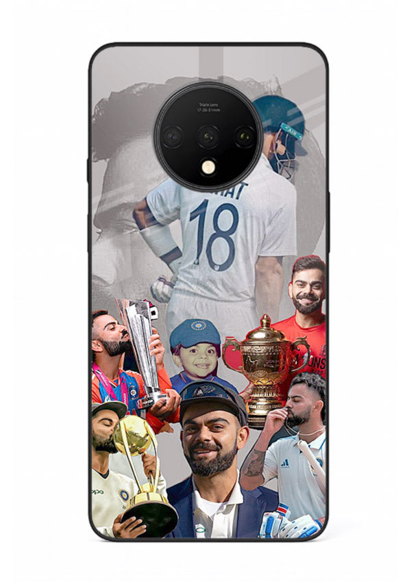 Number eighteen cricket collage artwork printed on tempered glass OnePlus 7T back cover