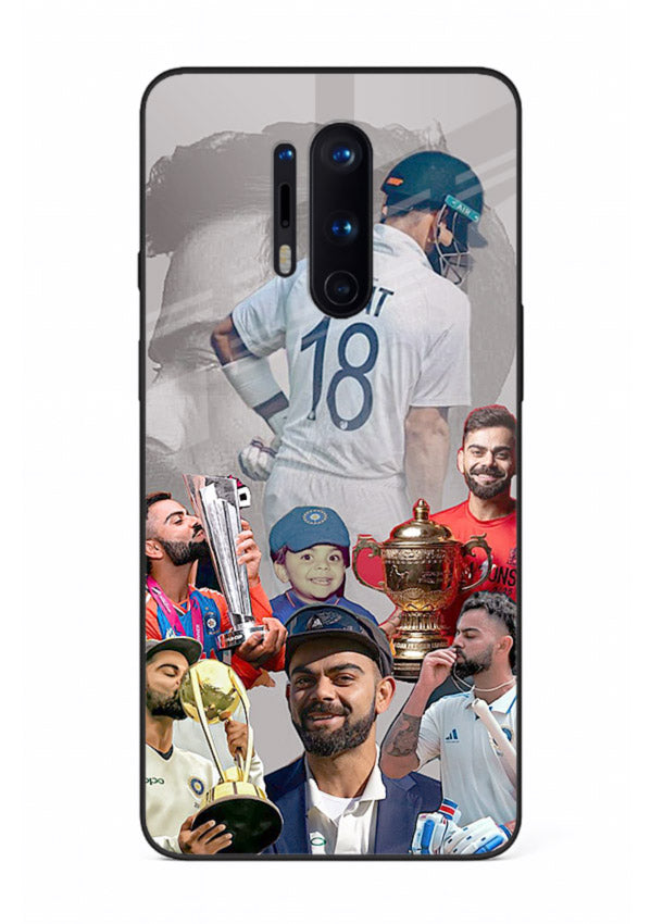 Number eighteen cricket collage artwork printed on tempered glass OnePlus 8 Pro back cover