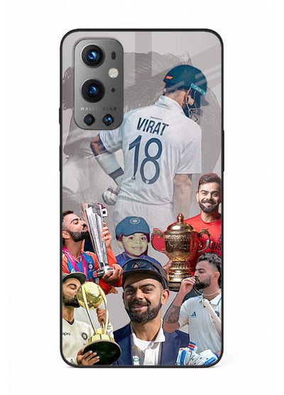 Number eighteen cricket collage artwork printed on tempered glass OnePlus 9 back cover
