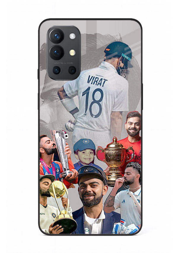 Number eighteen cricket collage artwork printed on tempered glass OnePlus 9R back cover