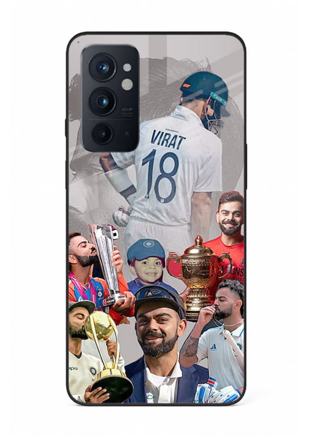 Number eighteen cricket collage artwork printed on tempered glass OnePlus 9RT back cover