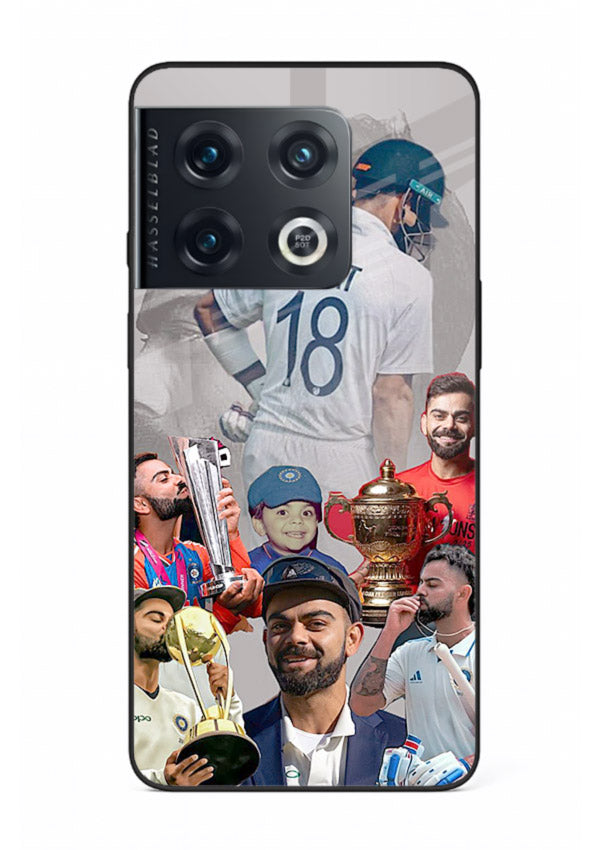 Number eighteen cricket collage artwork printed on tempered glass OnePlus 10 Pro back cover