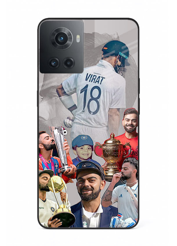 Number eighteen cricket collage artwork printed on tempered glass OnePlus 10R back cover