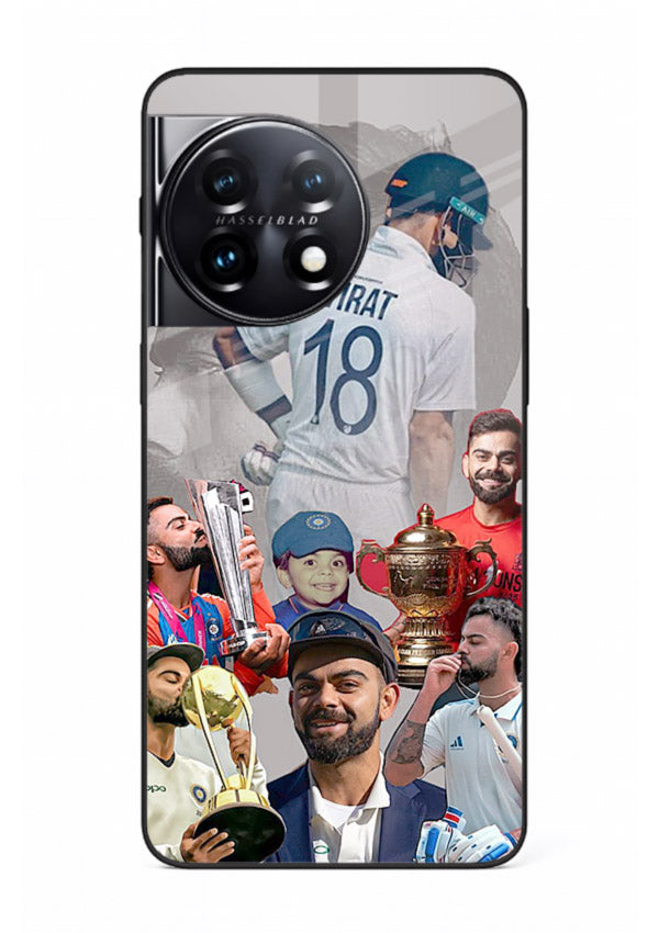 Number eighteen cricket collage artwork printed on tempered glass OnePlus 11R back cover