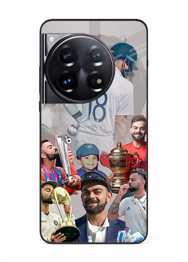 Number eighteen cricket collage artwork printed on tempered glass OnePlus 12 back cover