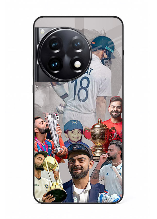 Number eighteen cricket collage artwork printed on tempered glass OnePlus 12R back cover