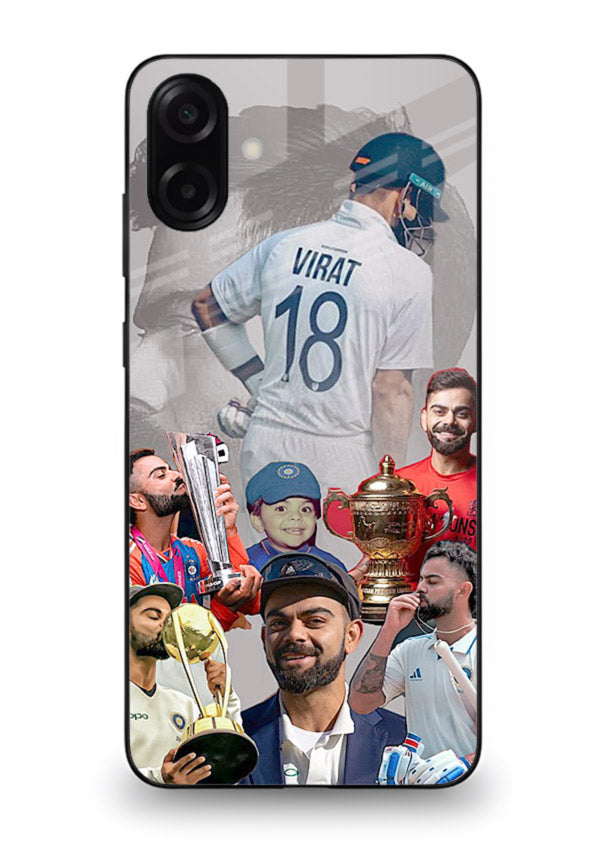 Number eighteen cricket collage artwork printed on tempered glass Samsung A06 5G back cover