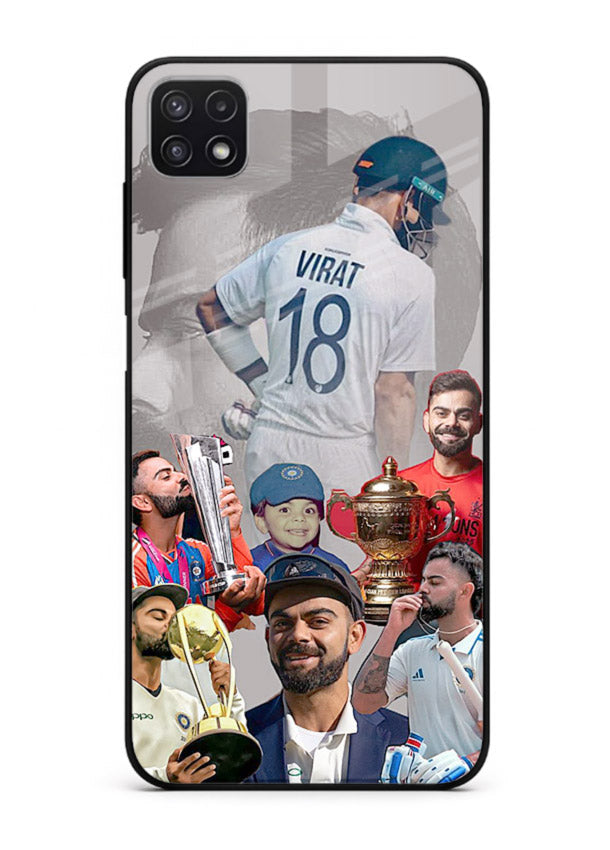 Number eighteen cricket collage artwork printed on tempered glass Samsung A22 5G back cover